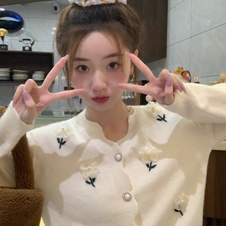 Áo cardigan len nữ tay dài kiểu thêu hoa vintage cardigian len cài khuy cổ V 2052
