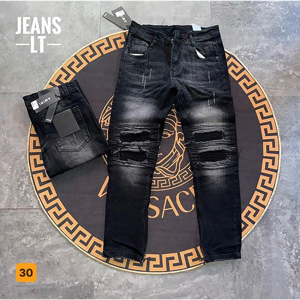 Quần jean nam dài đen rách gối họa tiết con thỏ cao cấp - chất vải denim co giãn thoải mái - TUẤN KIỆT Store 8888 VBH5