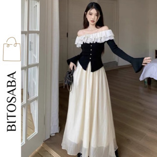  Set áo trễ vai dài tay phối bèo ngực kèm chân váy dáng dài  S228  