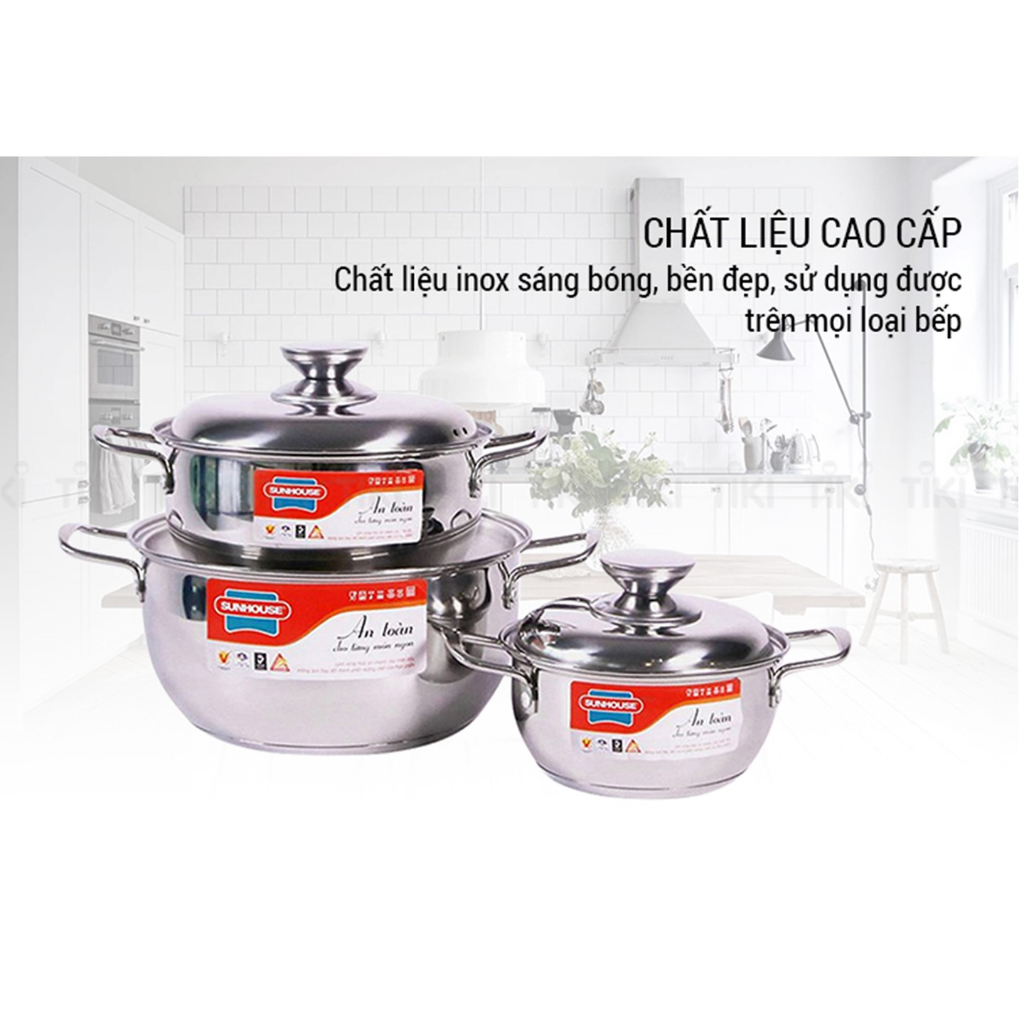 Bộ nồi inox 3 đáy Sunhouse SH335 3 size 16/20/24cm dùng được trên mọi loại bếp-KIMBAO