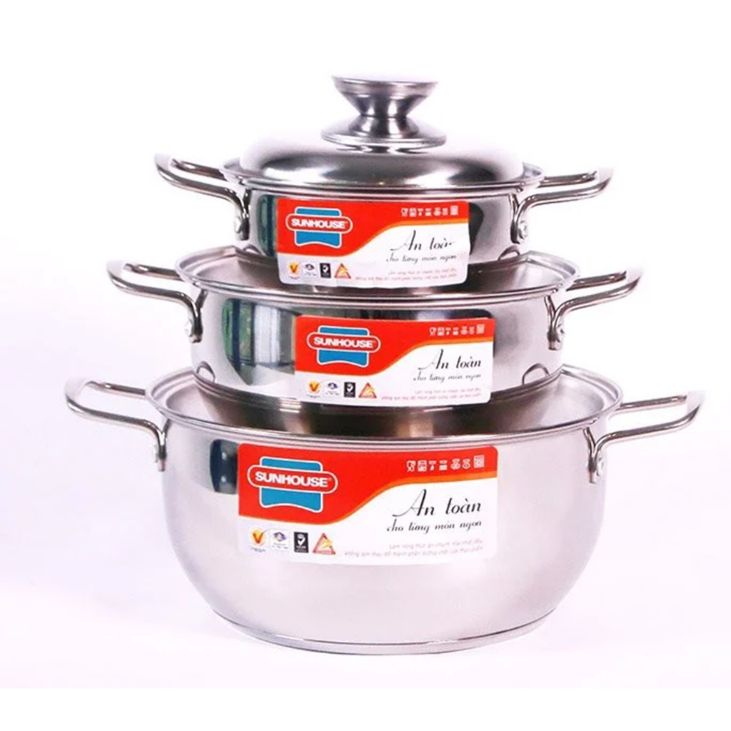 Bộ nồi inox 3 đáy Sunhouse SH335 3 size 16/20/24cm dùng được trên mọi loại bếp-KIMBAO