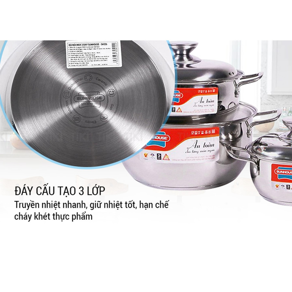 Bộ nồi inox 3 đáy Sunhouse SH335 3 size 16/20/24cm dùng được trên mọi loại bếp-KIMBAO