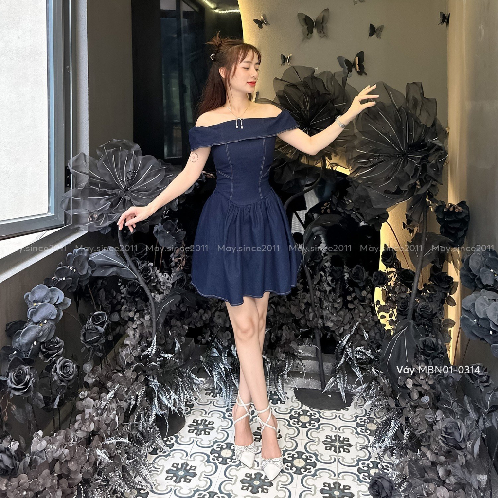 Váy trễ vai nữ dáng ngắn MAY.SINCE2011 chất jeans mềm trần chỉ thời trang MBN01-0314