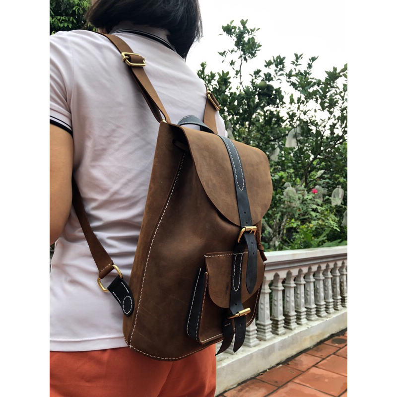 Balo da bò sáp thổ khâu tay thủ công, handmade từ da bò thật kích thước 30x20x10