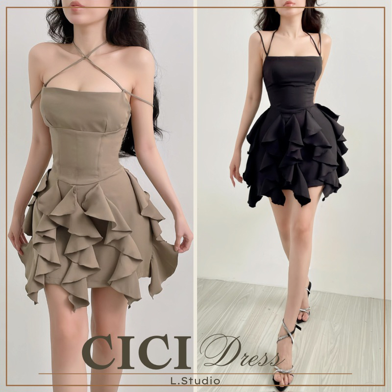 Cici - Đầm dáng mini tùng kết bèo chạy xinh xắn dây cột tuỳ chỉnh, chất dày dặn
