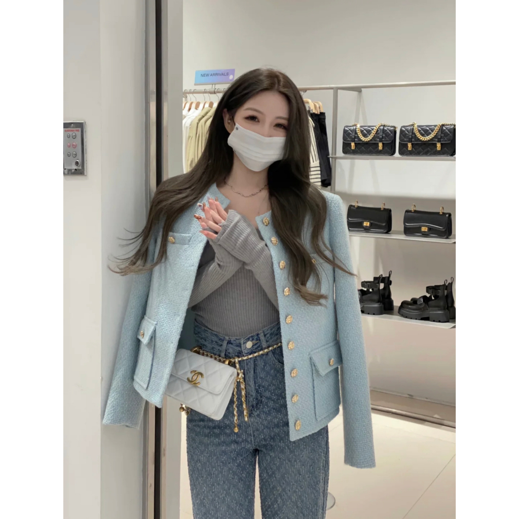 [Có sẵn]Áo khoác dạ tweed nữ túi hộp phong cách Hàn Quốc hàng Quảng Châu