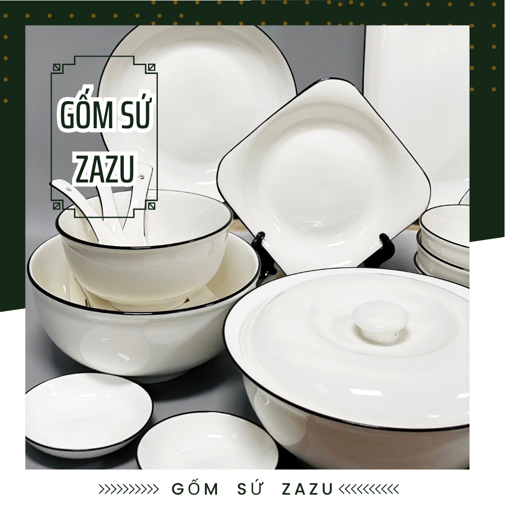 Bộ Bát Đĩa Sứ Trắng Viền Đen Gốm Sứ ZAZU, Bộ Chén Dĩa Trắng Trơn, chén sứ trắng