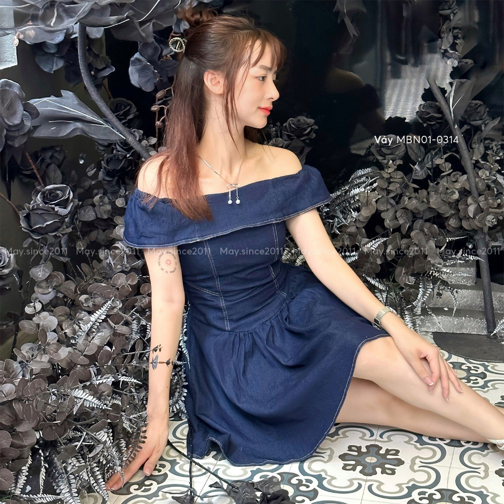 Váy trễ vai nữ dáng ngắn MAY.SINCE2011 chất jeans mềm trần chỉ thời trang MBN01-0314