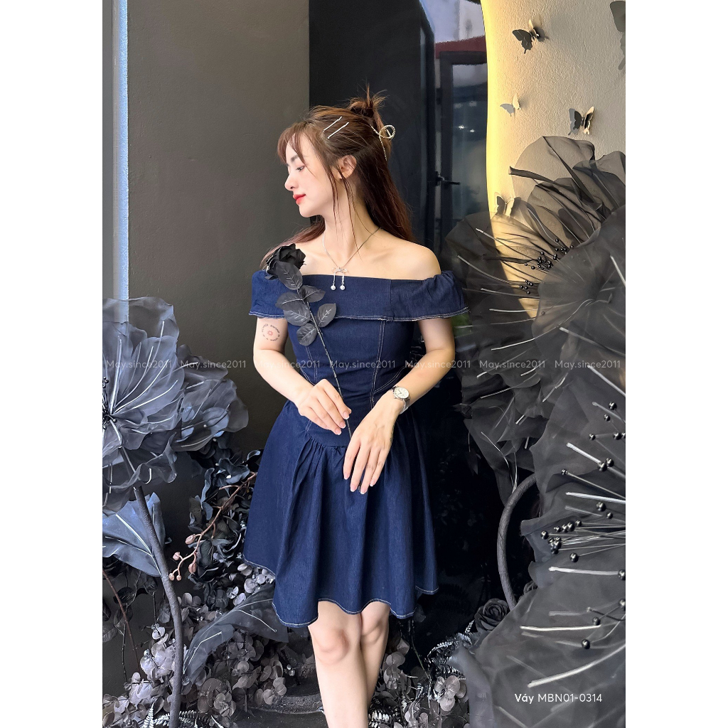 Váy trễ vai nữ dáng ngắn MAY.SINCE2011 chất jeans mềm trần chỉ thời trang MBN01-0314