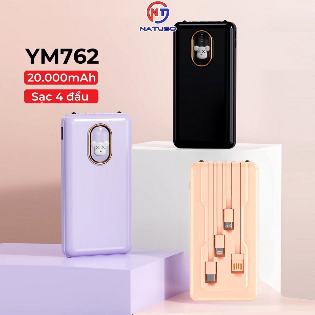 Sạc dự phòng 20000mAh YM762 dung lượng pin lớn tích hợp dây sạc nhanh cho nhiều thiết bị điện thoại