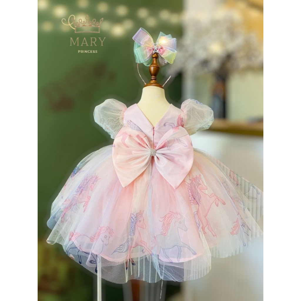 Váy công chúa Pony, đầm công chúa bé gái màu hồng cho bé đi tiệc, thôi nôi, sinh nhật kèm cài tóc MARY PRINCESS
