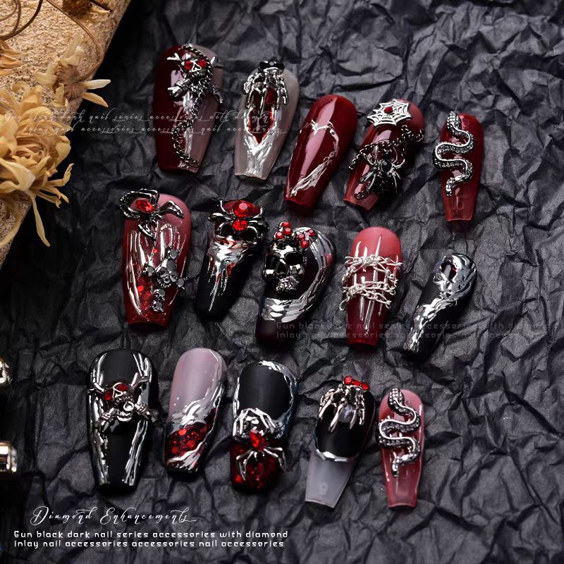 Charm nhện -rắn-đầu lâu-bàn tay xương khớp Halloween chuỗi trang sức trang trí móng tay phong cách Gothic 2023