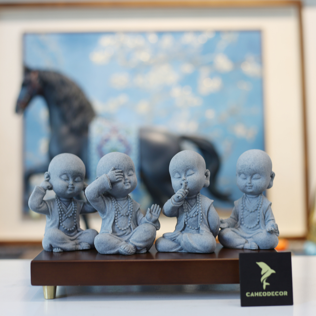 Tượng Chú Tiểu Không Nghe, Không Nhìn, Không Nói Bằng Đá Sa Thạch. Tượng Phật Bằng Đá. Tượng Thú Ngủ Bằng Đá Sa Thạch