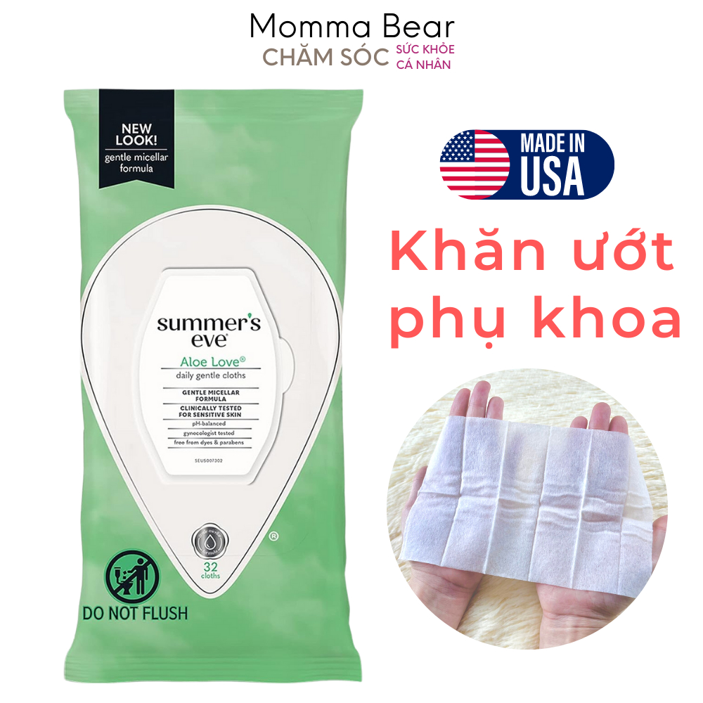 Khăn ướt vệ sinh vùng kín Summer Eve, khăn giấy ướt phụ khoa, vệ sinh phụ nữ, khử mùi vùng kín, gói 32 khăn - Momma Bear