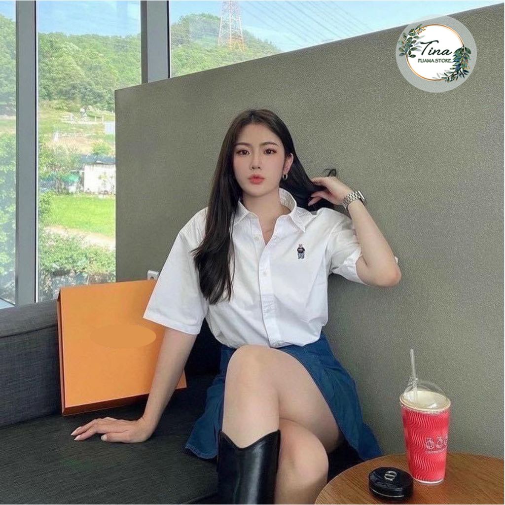 Áo sơ mi nữ trắng tay ngắn Tina form rộng bigsize thêu hình gấu