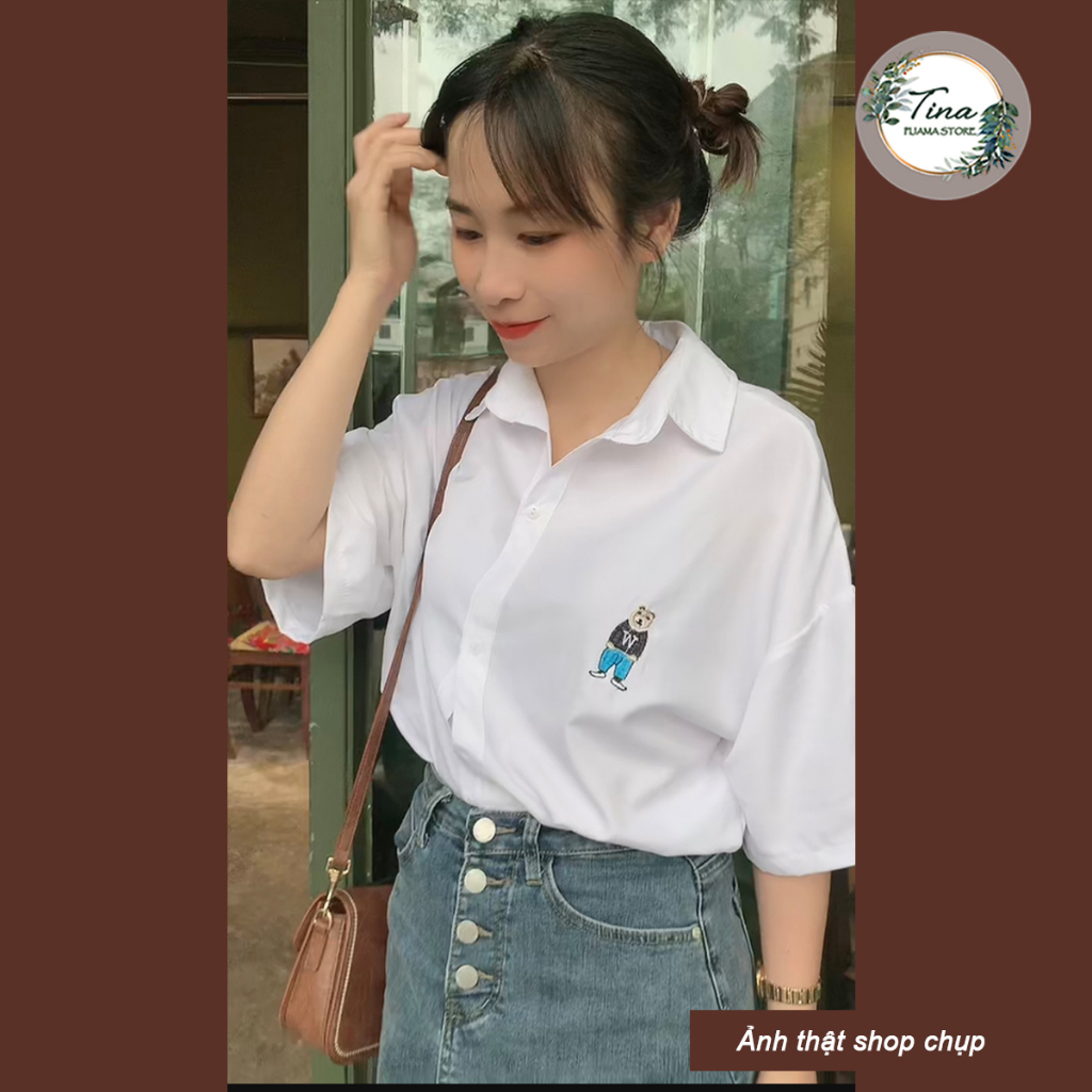 Áo sơ mi nữ trắng tay ngắn Tina form rộng bigsize thêu hình gấu