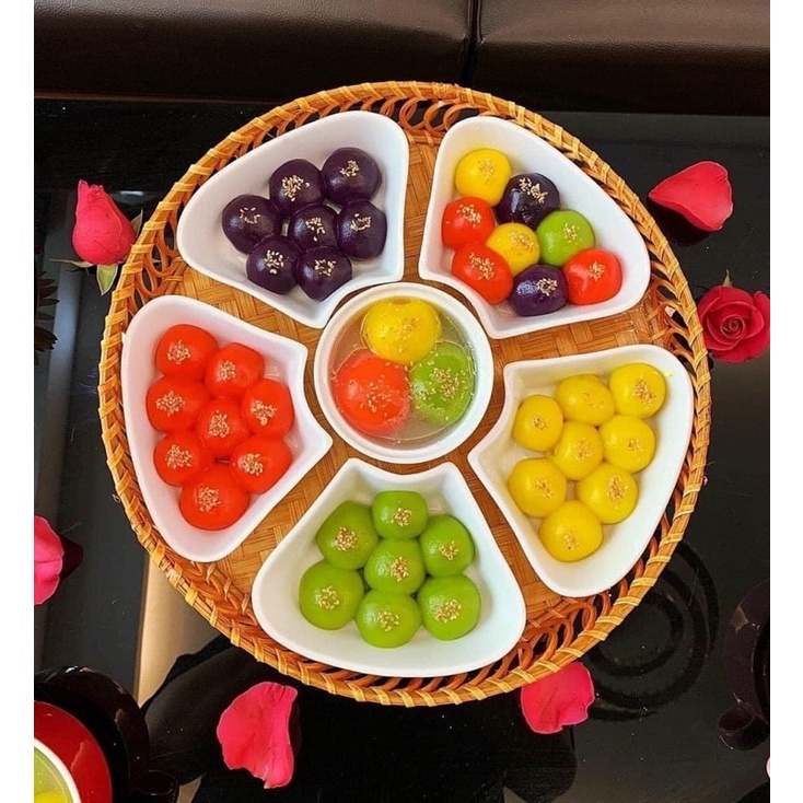 Bộ Đĩa 5 Cánh Hoa Đào Sứ Bát Tràng Kèm Khay Mây Siêu Đẹp,Bộ Bát Bánh Trôi Size To 33cm  SP41232756