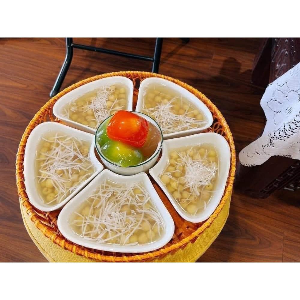 Bộ Đĩa 5 Cánh Hoa Đào Sứ Bát Tràng Kèm Khay Mây Siêu Đẹp,Bộ Bát Bánh Trôi Size To 33cm  SP41232756