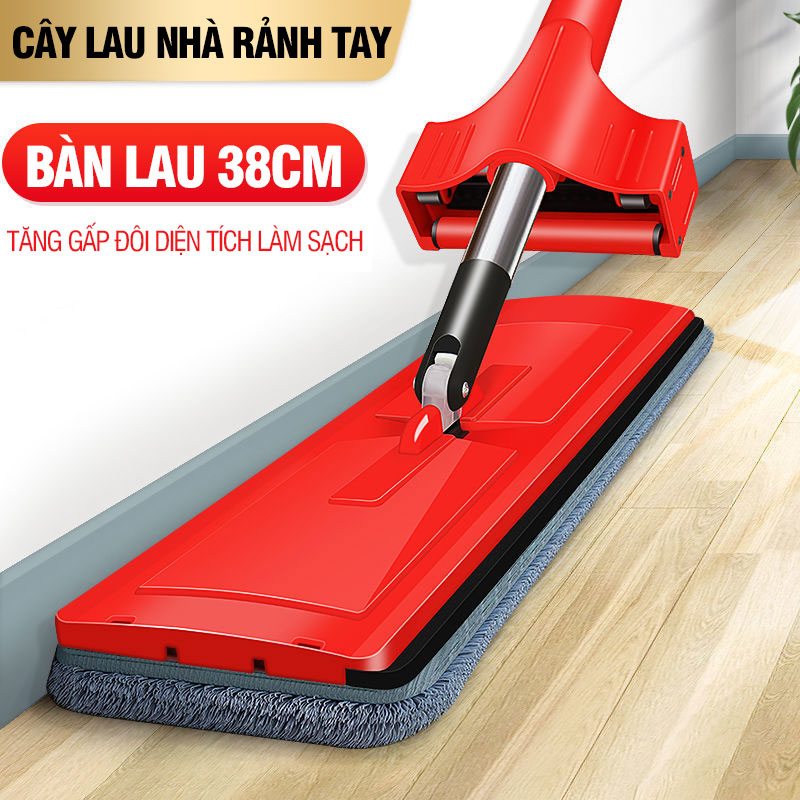 Cây lau nhà tự vắt Kitimop-Red bàn lau lớn 38cm, con lăn trợ lực, thanh thép không gỉ, khớp xoay 360 độ, 2 bông lau