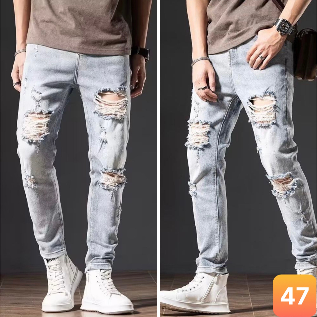 Quần jean nam boy phố màu xanh nhạt rách gối chất liệu bò jeans cao cấp co dãn 4 chiều đẹp form rin skinny LAVADO08 mới