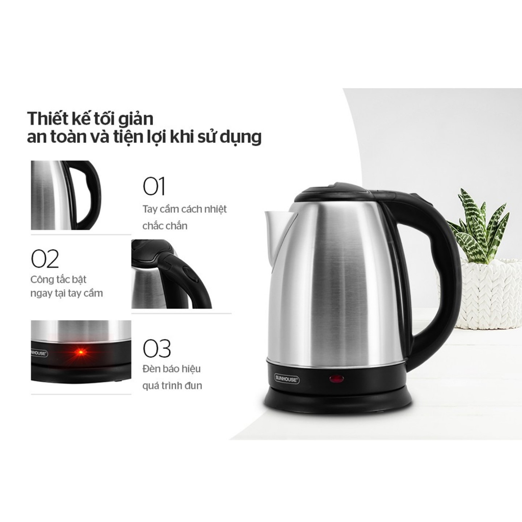 Ấm siêu tốc inox Sunhouse SHD1182 dung tích 1.8L công suất 1500W hàng chính hãng-KIMBAO
