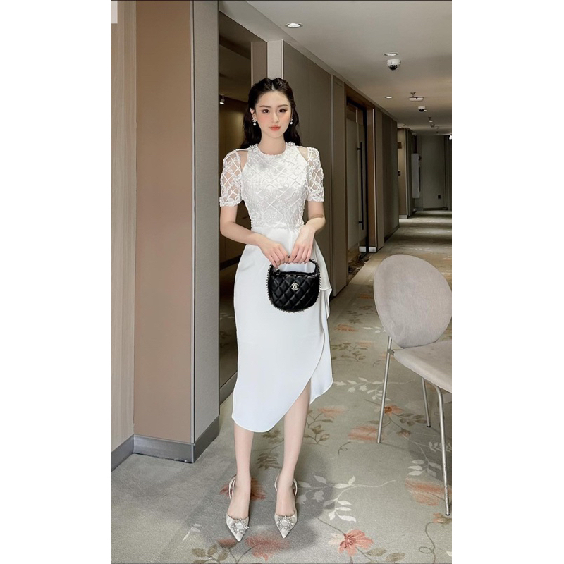 Váy ren xẻ vai đầm thiết kế dự tiệc kèm tag đá cao cấp