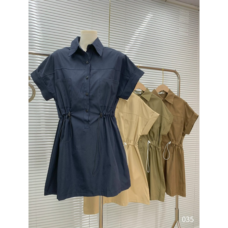 Váy sơmi kaki rút eo cổ đức dáng ngắn