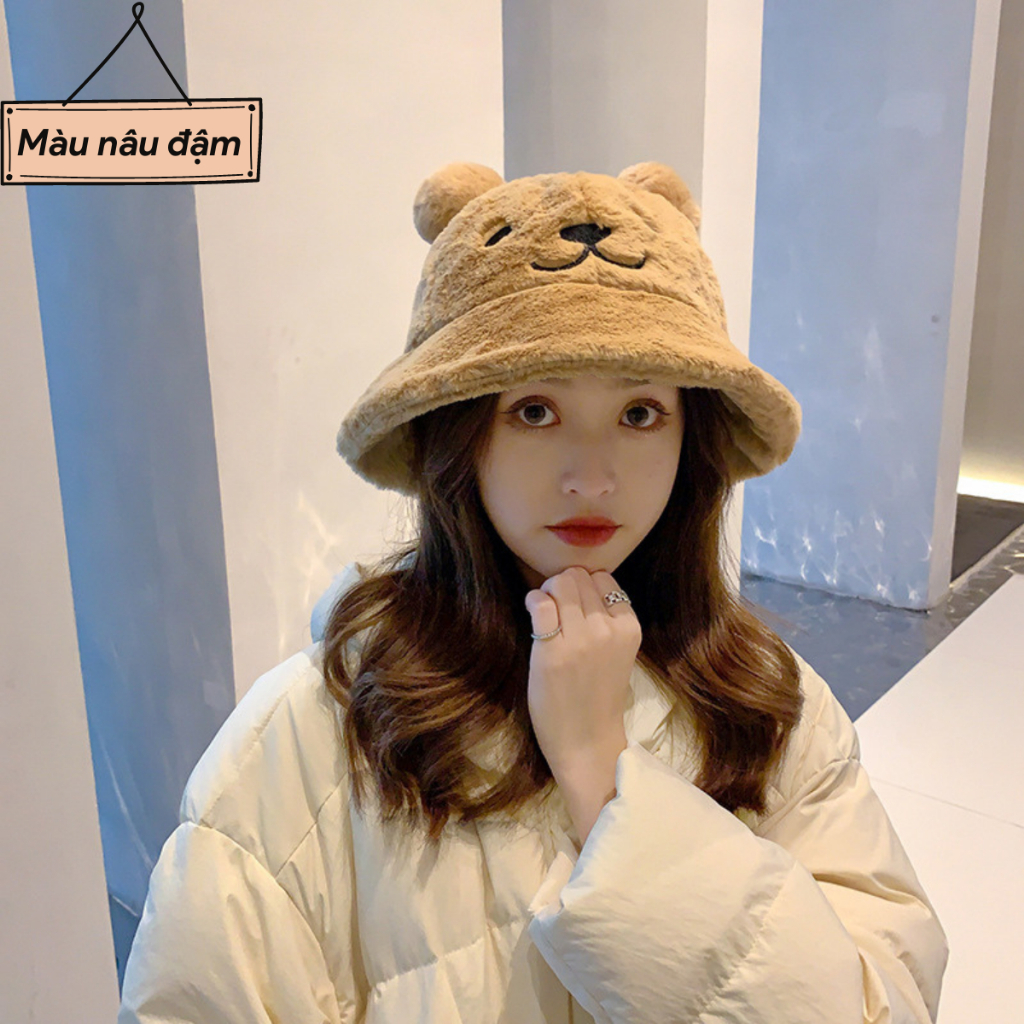 Mũ Bucket Lông Gấu Nón Tai Bèo Vành Cụp Mùa Đông Ấm Áp Form