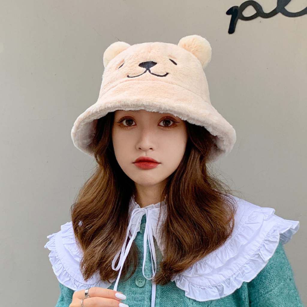 Mũ Bucket Lông Gấu Nón Tai Bèo Vành Cụp Mùa Đông Ấm Áp Form