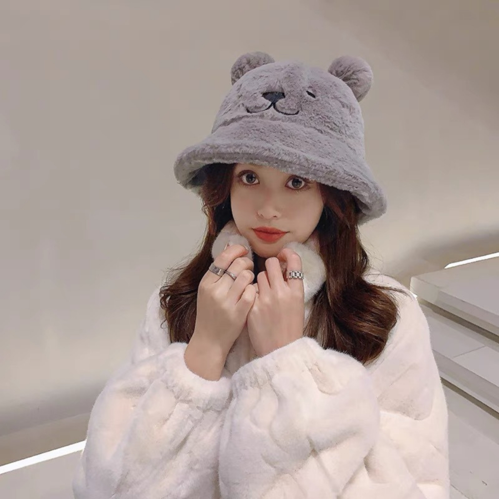 Mũ Bucket Lông Gấu Nón Tai Bèo Vành Cụp Mùa Đông Ấm Áp Form