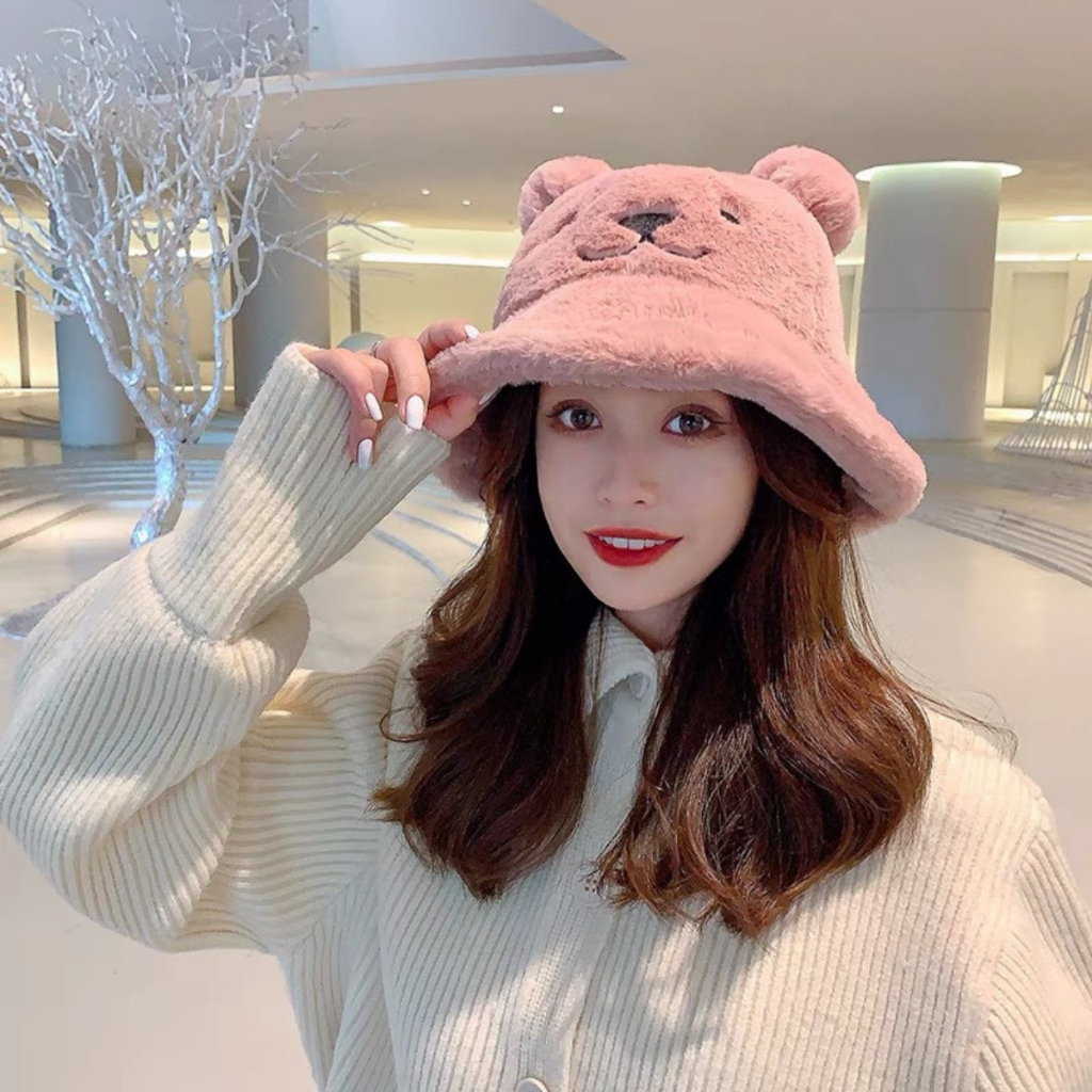 Mũ Bucket Lông Gấu Nón Tai Bèo Vành Cụp Mùa Đông Ấm Áp Form