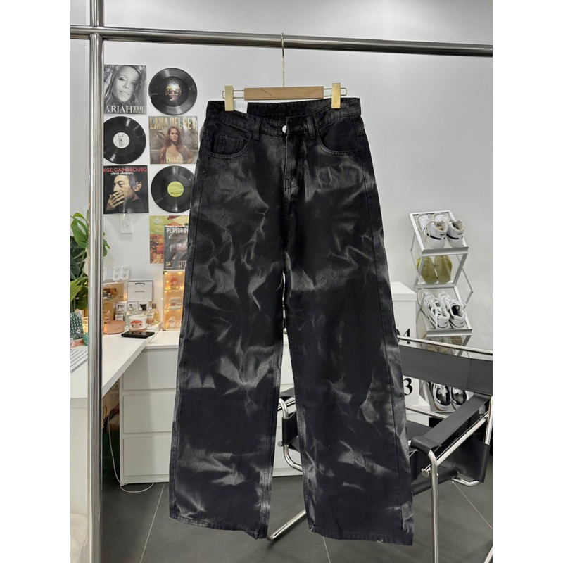 Quần jean nam nữ unisex baggy ống suông rộng dáng đứng vải jeans bò đen loang xuông hottrend