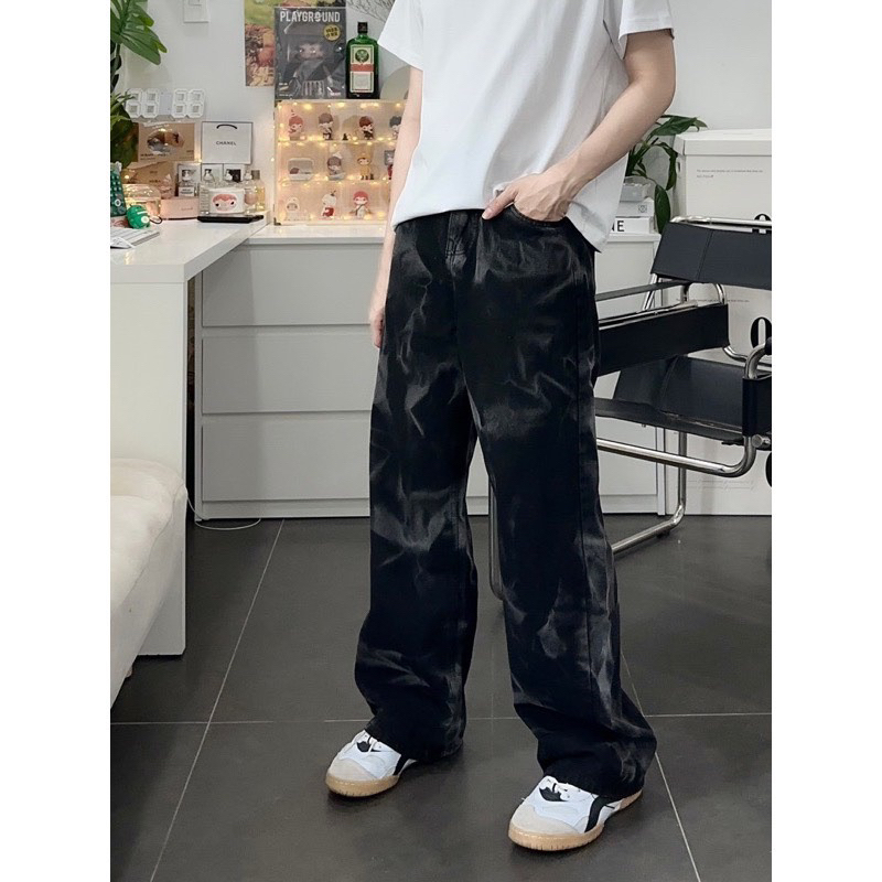 Quần jean nam nữ unisex baggy ống suông rộng dáng đứng vải jeans bò đen loang xuông hottrend
