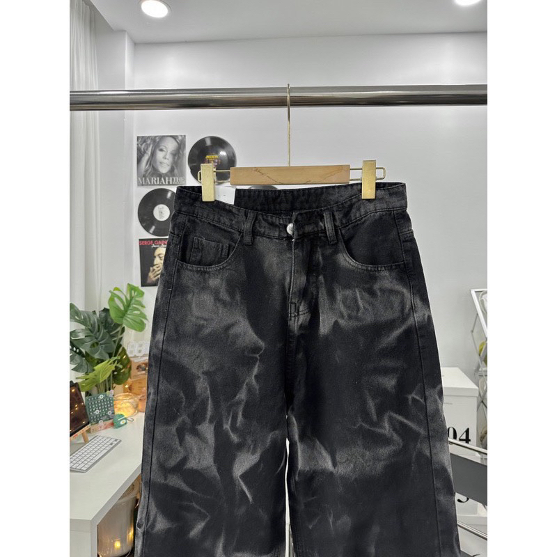 Quần jean nam nữ unisex baggy ống suông rộng dáng đứng vải jeans bò đen loang xuông hottrend