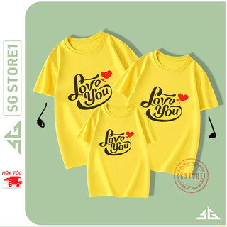 Áo gia đình mẫu Love You màu vàng thun cotton dày dặn làm đồ đồng phục nổi bật GD291VD