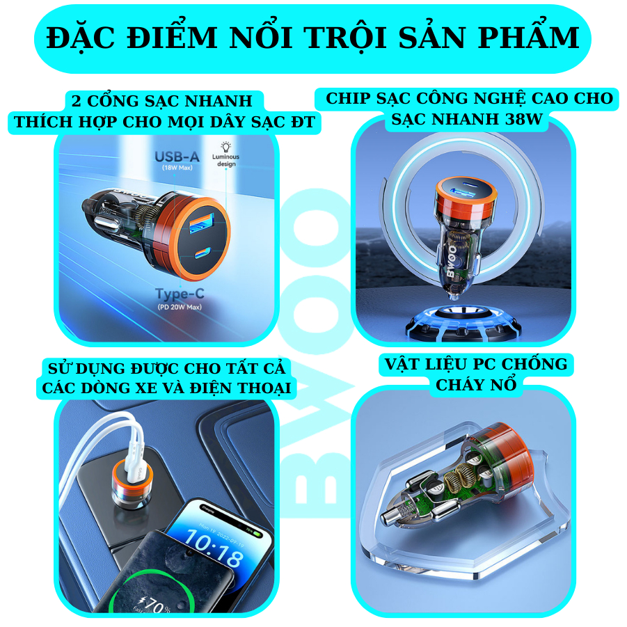 Tẩu sạc nhanh ô tô 2 cổng BWOO 38W PD Trong Suốt Usb Tyc Chống cháy nổ cho iphone samsung oppo xiaomi.. | BigBuy360 - bigbuy360.vn