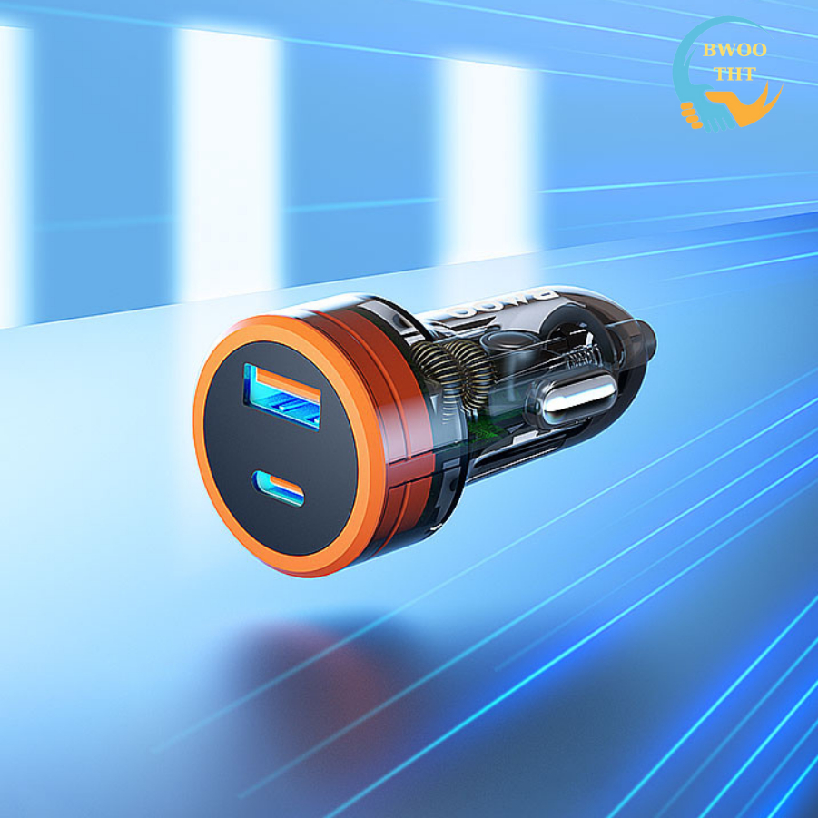 Tẩu sạc nhanh ô tô 2 cổng BWOO 38W PD Trong Suốt Usb Tyc Chống cháy nổ cho iphone samsung oppo xiaomi.. | BigBuy360 - bigbuy360.vn