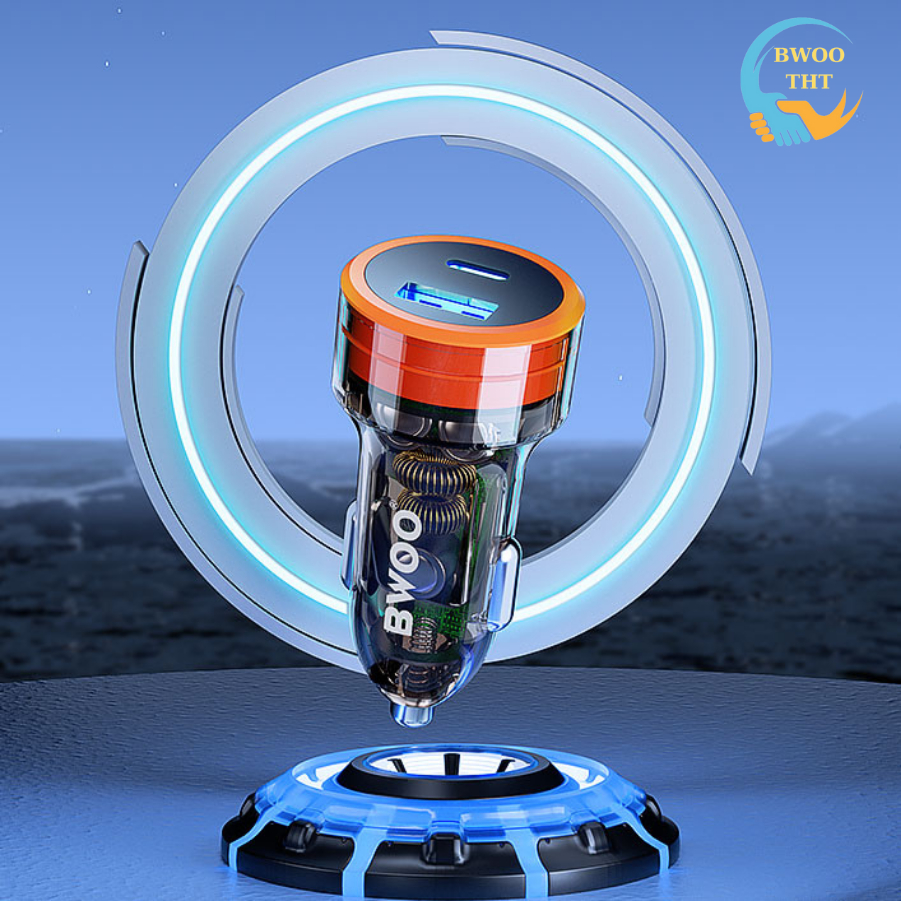 Tẩu sạc nhanh ô tô 2 cổng BWOO 38W PD Trong Suốt Usb Tyc Chống cháy nổ cho iphone samsung oppo xiaomi.. | BigBuy360 - bigbuy360.vn