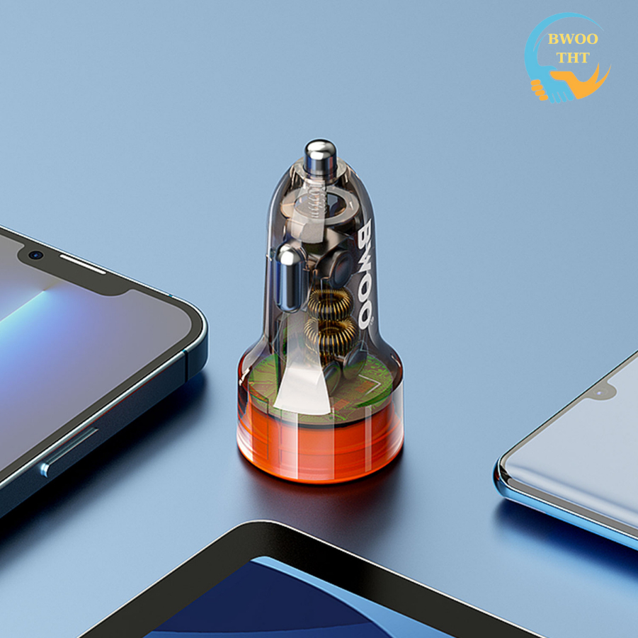 Tẩu sạc nhanh ô tô 2 cổng BWOO 38W PD Trong Suốt Usb Tyc Chống cháy nổ cho iphone samsung oppo xiaomi.. | BigBuy360 - bigbuy360.vn