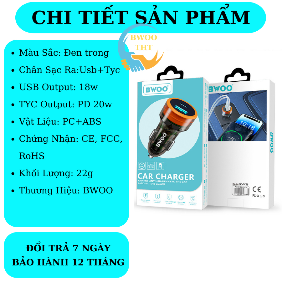 Tẩu sạc nhanh ô tô 2 cổng BWOO 38W PD Trong Suốt Usb Tyc Chống cháy nổ cho iphone samsung oppo xiaomi.. | BigBuy360 - bigbuy360.vn