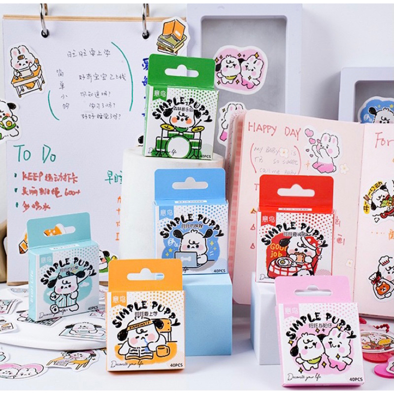 Hộp 40 hình dán hoạ tiết hoạt hình Simple Puppy