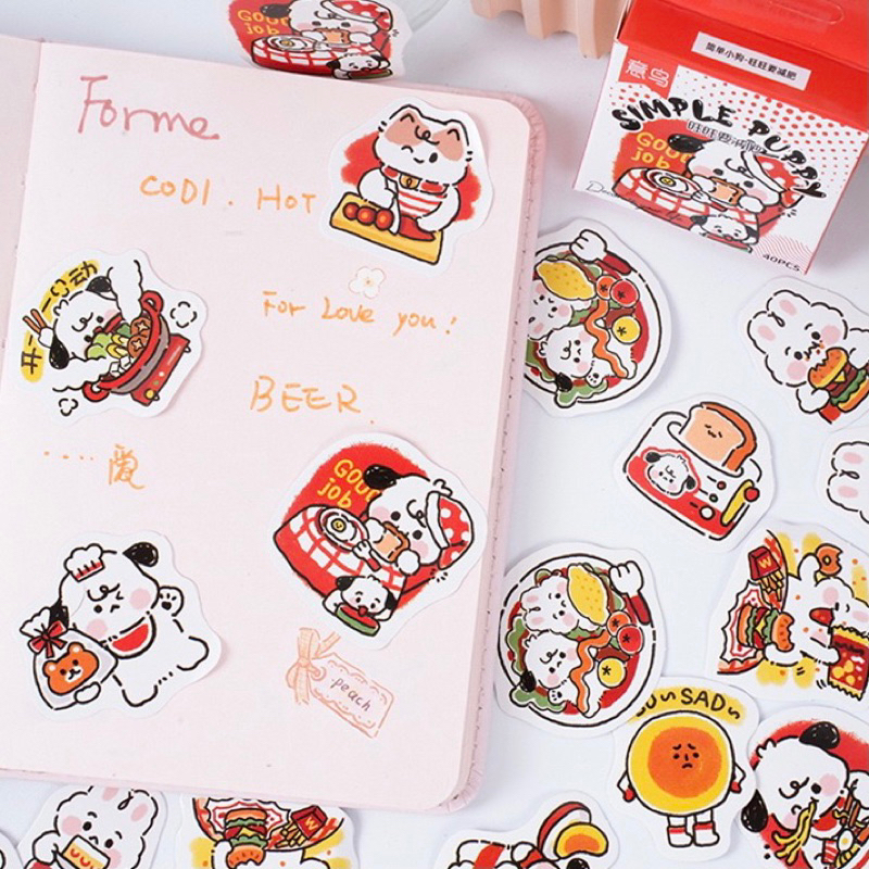 Hộp 40 hình dán hoạ tiết hoạt hình Simple Puppy