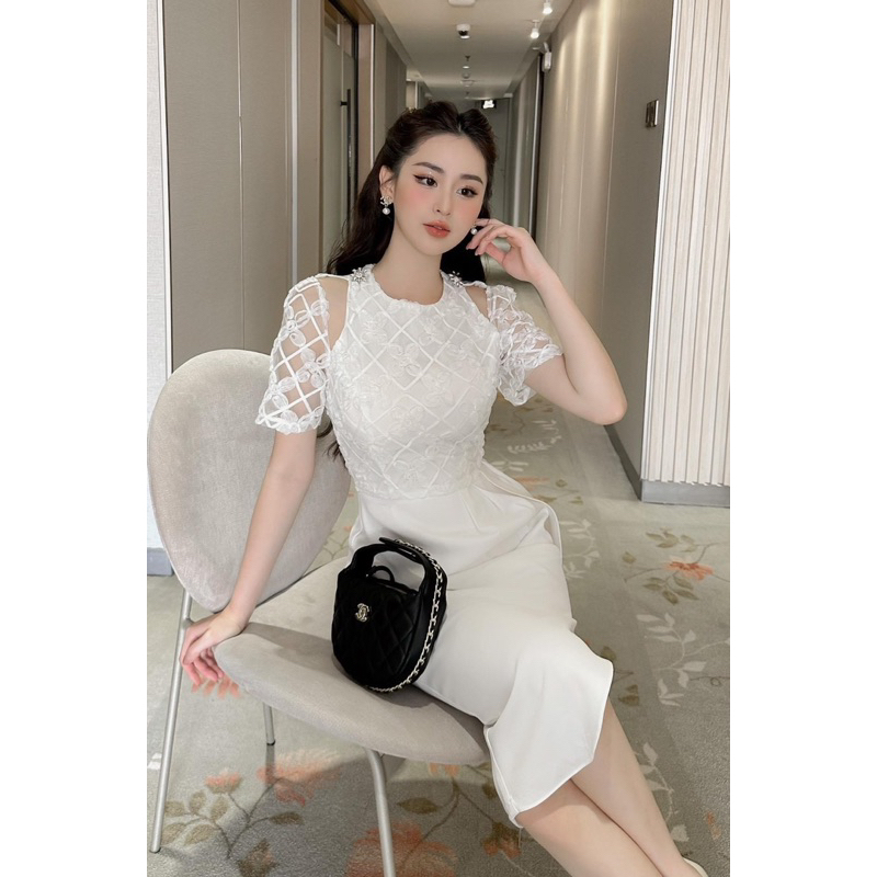 Váy ren xẻ vai đầm thiết kế dự tiệc kèm tag đá cao cấp