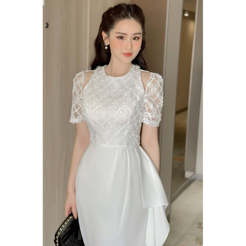 Váy ren xẻ vai đầm thiết kế dự tiệc kèm tag đá cao cấp