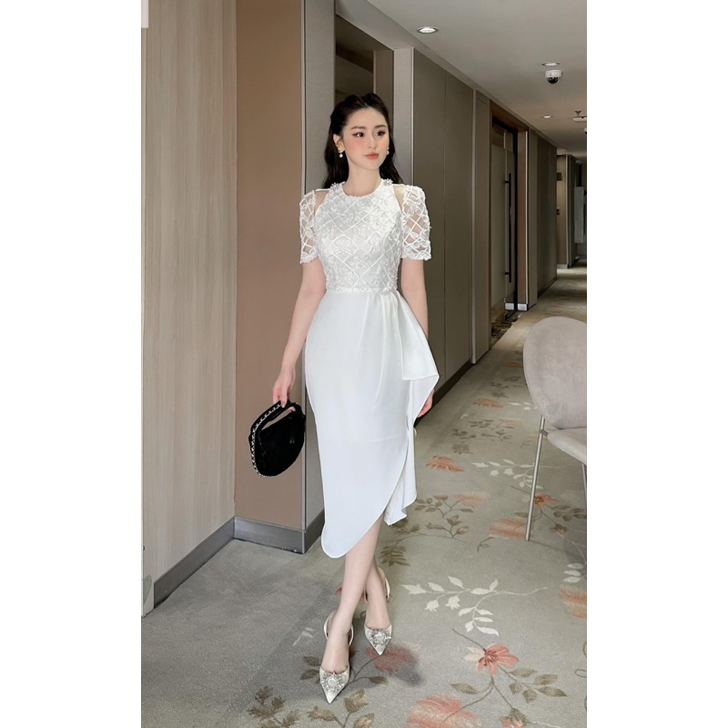 Váy ren xẻ vai đầm thiết kế dự tiệc kèm tag đá cao cấp