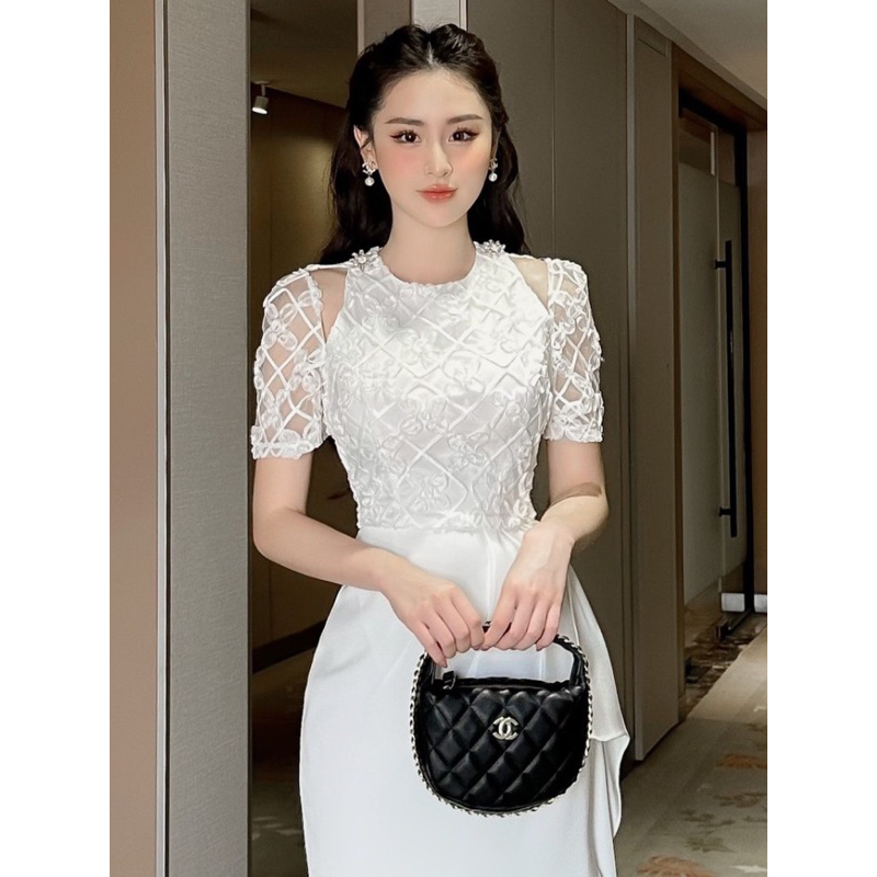Váy ren xẻ vai đầm thiết kế dự tiệc kèm tag đá cao cấp