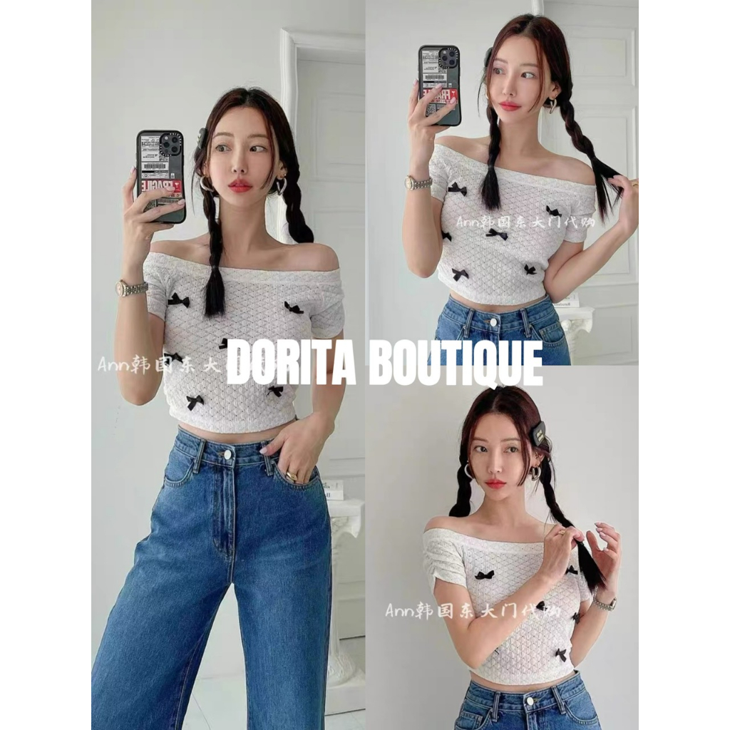 Áo bẹt vai đũi xốp đính nơ siêu xinh Hàn Quôc DORITA BOUTIQUE