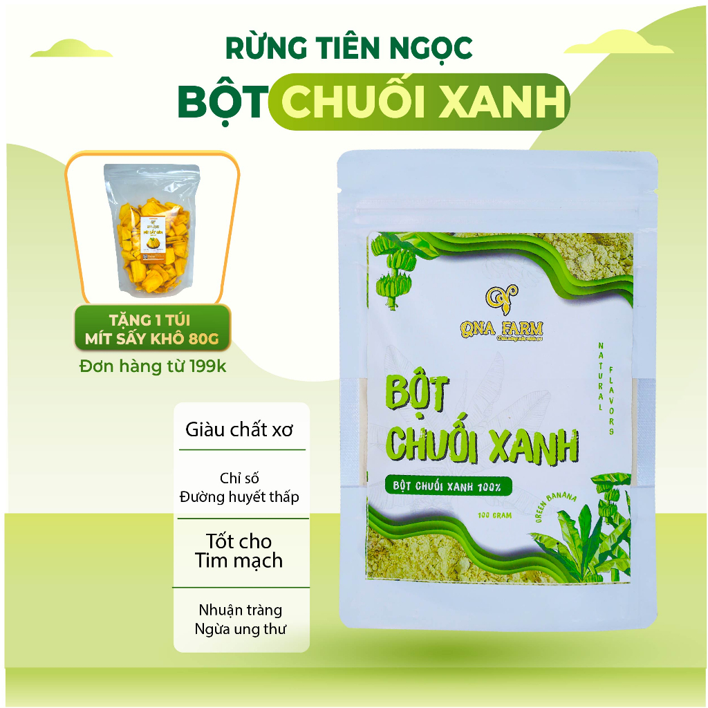 Bột Chuối Xanh QNA Farm, Chuối Rừng 100%, Bột Chuối Nguyên Chất,Giàu Chất Sơ, Vitamin, Không Chưa Gluten, Gói 100gr
