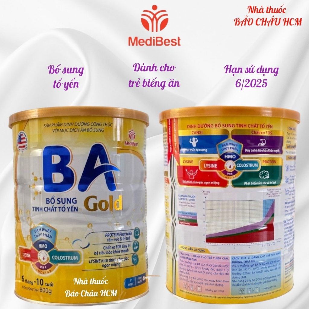Sữa BA gold 800gr bổ sung tổ yến (HSD: Tháng 9/2025) dành cho trẻ biếng ăn, chậm lớn.