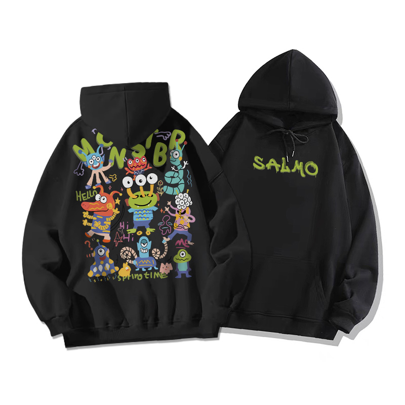 Áo nỉ cotton Đen local brand có mũ thời trang nữ Salute Hoodie Hàn Quốc cho ngầu in quái vật